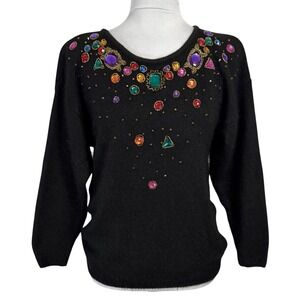 Vintage Angora Silk Knit Beaded Sweater Sz M Jeweled Gem‎ Embellished Statement